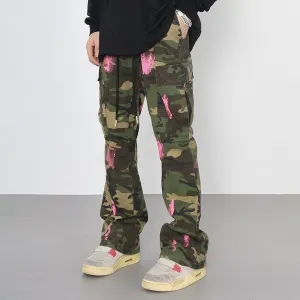 Blavra Men's Retro High Street Style Splash Pocket Camouflage Flared Pants