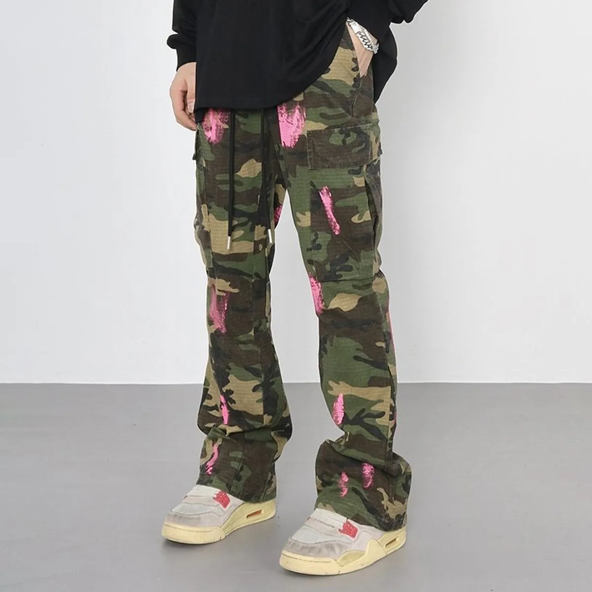 Blavra Men's Retro High Street Style Splash Pocket Camouflage Flared Pants