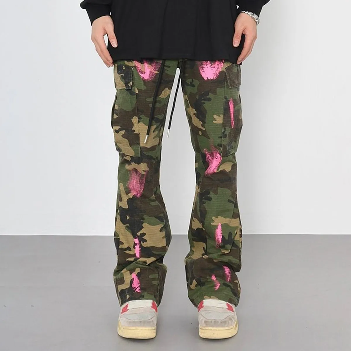Blavra Men's Retro High Street Style Splash Pocket Camouflage Flared Pants
