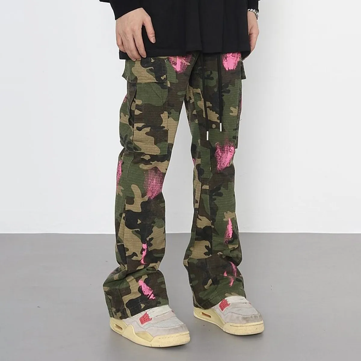 Blavra Men's Retro High Street Style Splash Pocket Camouflage Flared Pants
