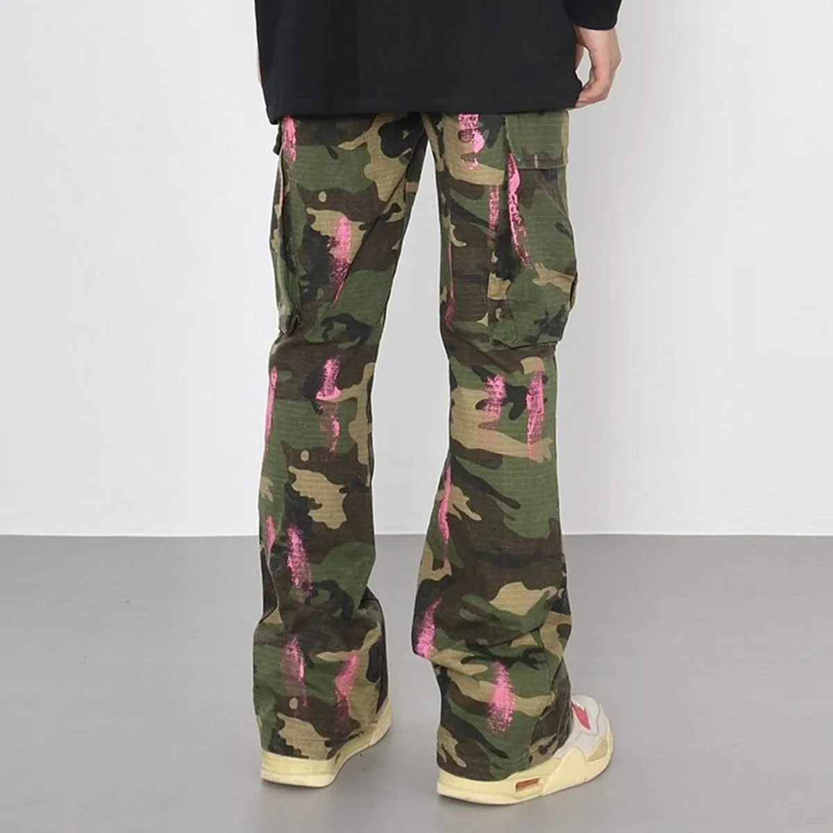 Blavra Men's Retro High Street Style Splash Pocket Camouflage Flared Pants