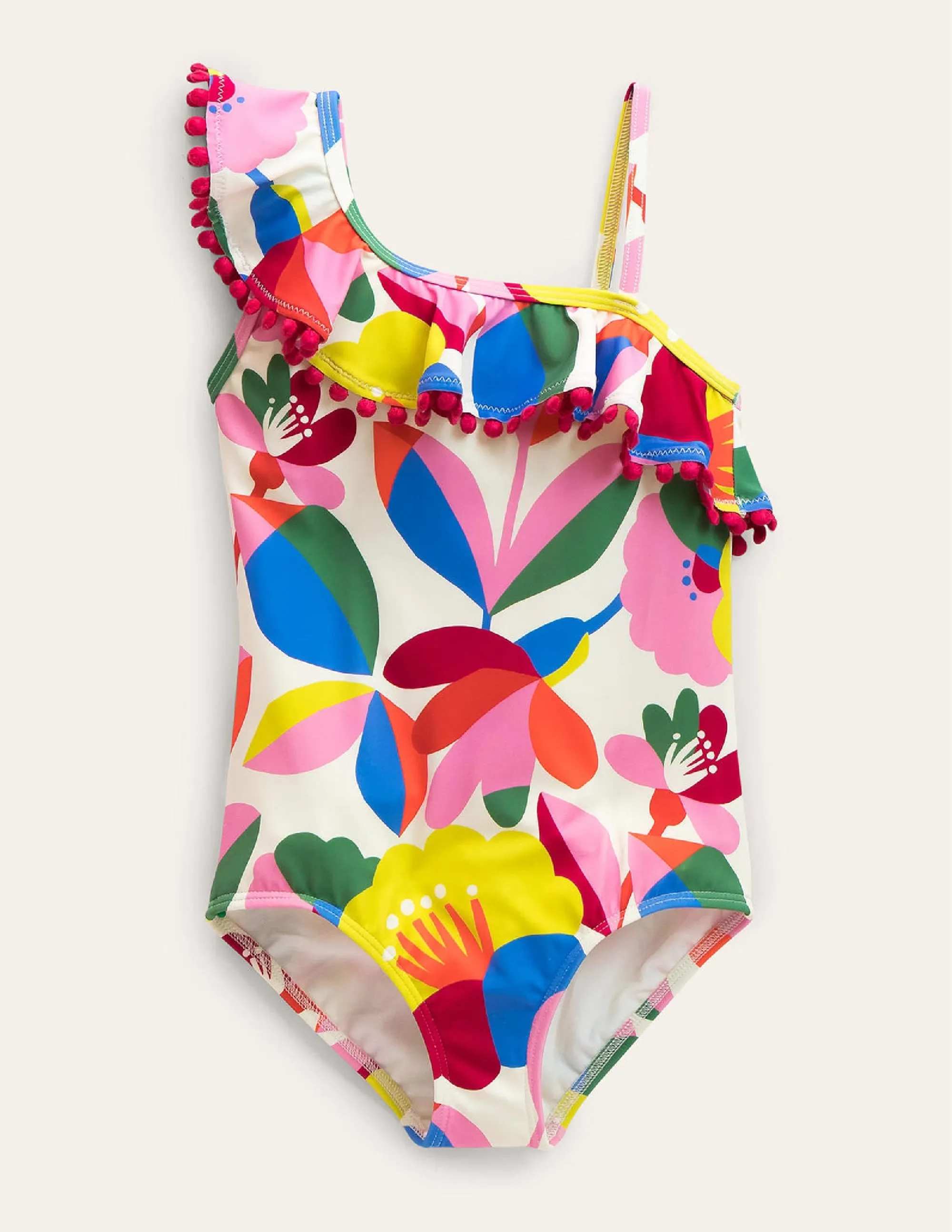 Frilly One Shoulder Swimsuit-Ivory and Multi Floral