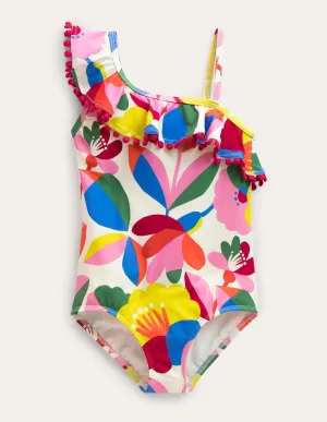 Frilly One Shoulder Swimsuit-Ivory and Multi Floral