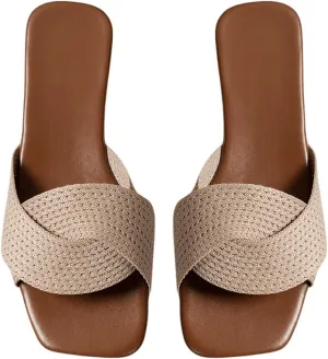 GORGLITTER Women's Crochet Flat Sandals Crossover Square Open Toe Comfortable Slip On Slide Sandals Khaki 8.5