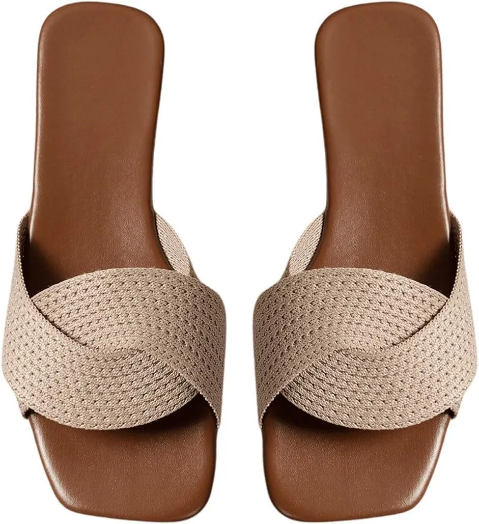 GORGLITTER Women's Crochet Flat Sandals Crossover Square Open Toe Comfortable Slip On Slide Sandals Khaki 8.5