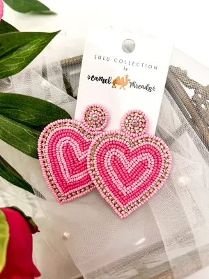 Pink Beaded Heart Earrings