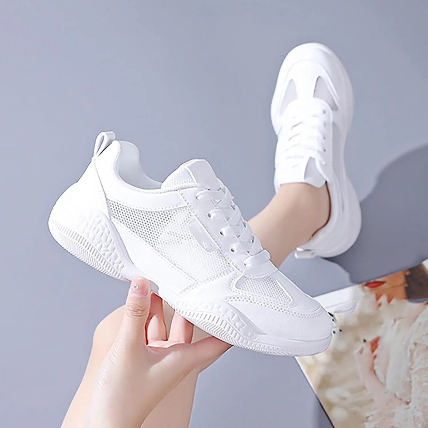 Sneakers for Women Casual Mesh Breathable Lace Up Walking Non Slip Work Shoes Women Sport Men Casual Dress Shoes Women's Fashion Sneakers White Tennis Shoe Trainers Shoe